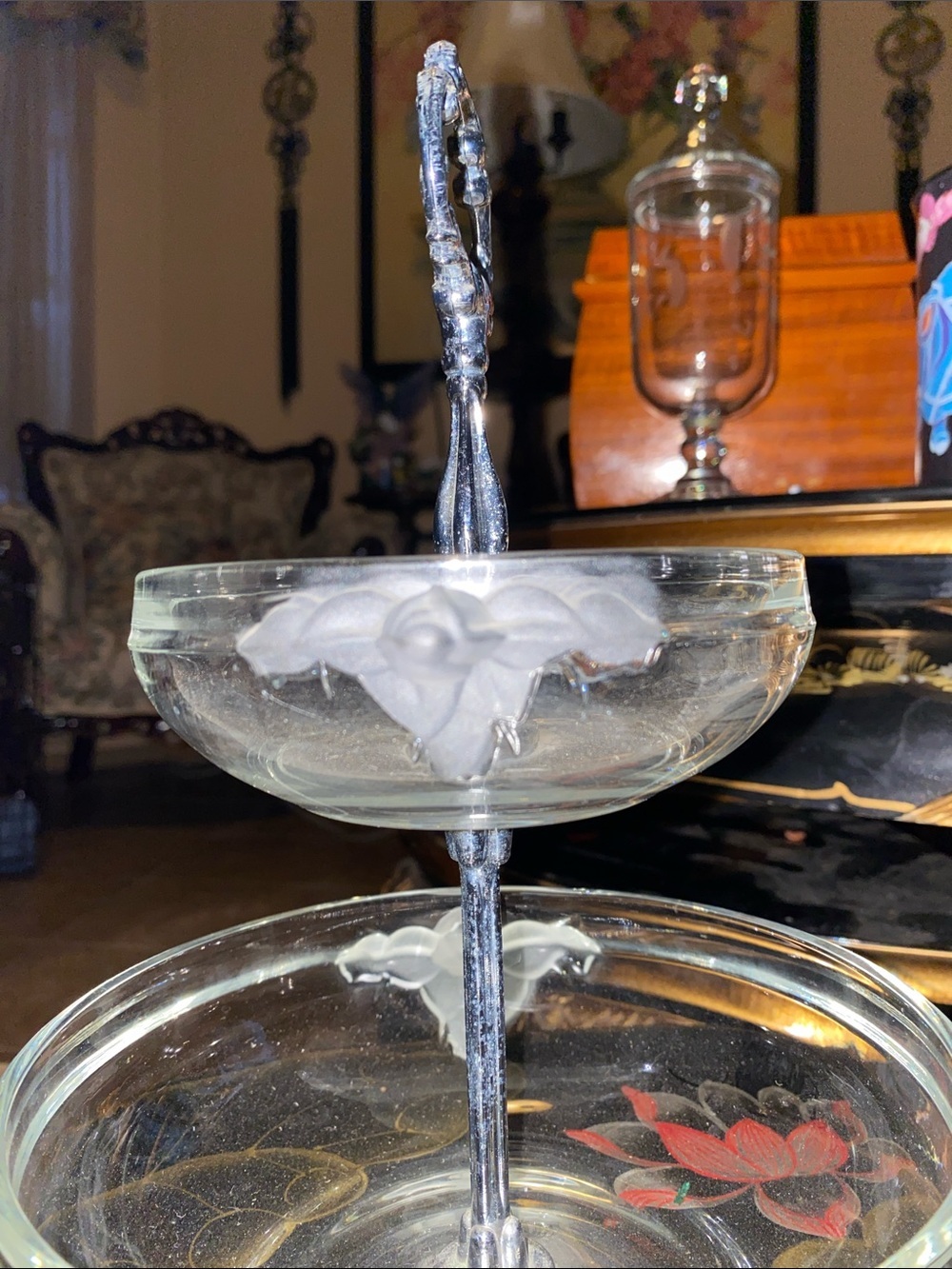 Vintage Mikassa Satin Rose Crystal Two-Tier Serving Tray made by Walther K - Picture 3 of 10